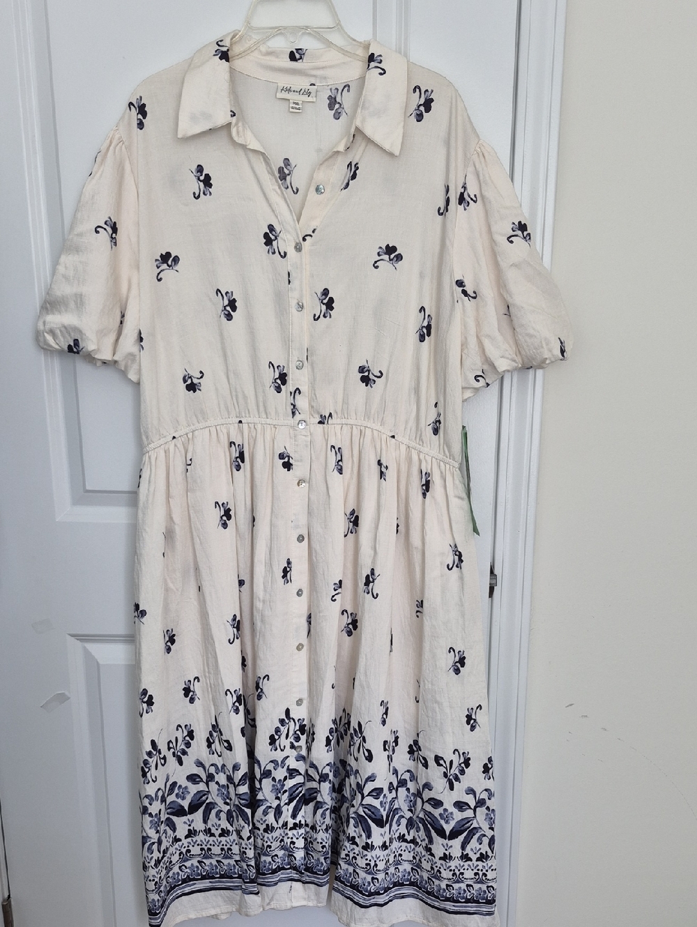 Kate And Lily Light Cream Midi Shirt Dress with Navy Floral Border Size PXL NWT